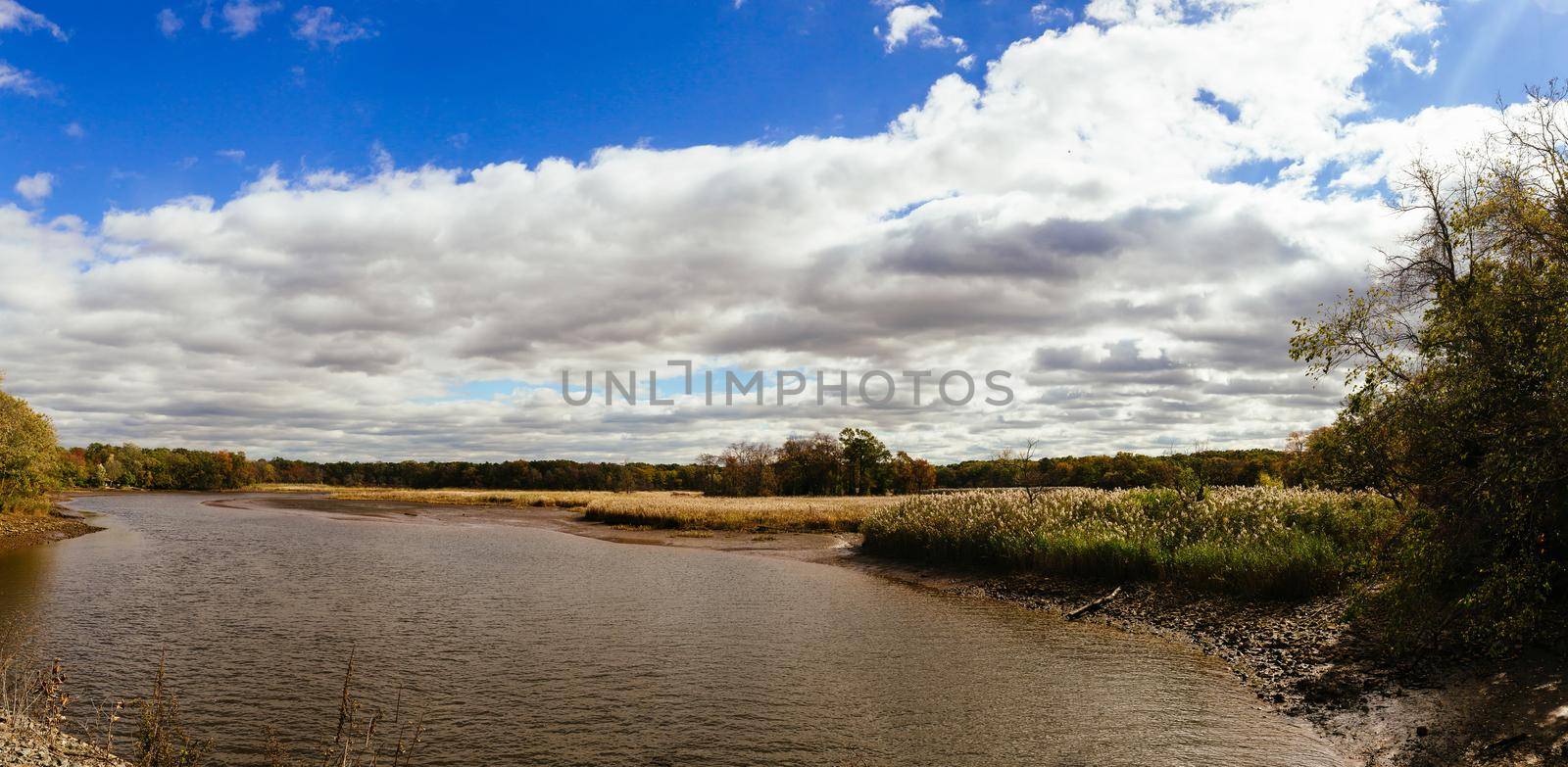 autumn landscape of river and trees without leaves blue sky and clouds on a sunny day