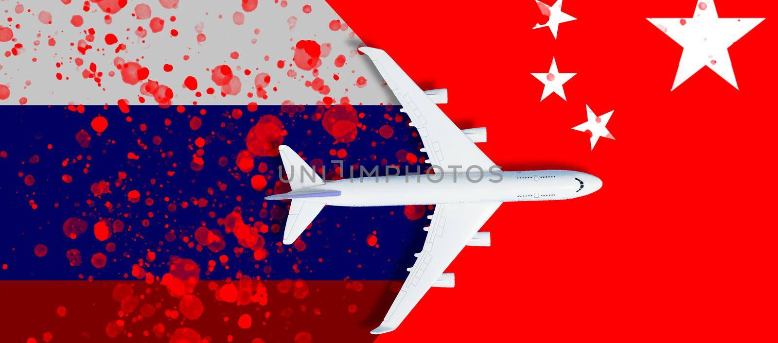 russian flag, plane, blood. The concept of a flight ban.