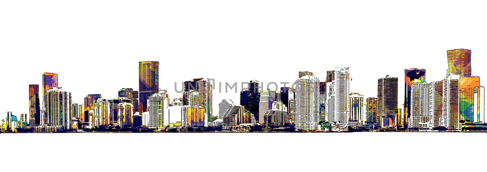 Pop art illustration of Miami Downtown skyline on white background