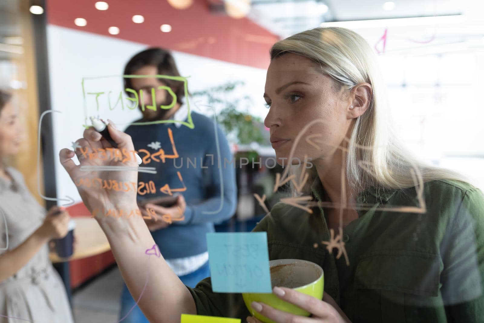 Diverse group of business people working in creative office. group of people brainstorming and taking notes on glass board. business people and work colleagues at a busy creative office.