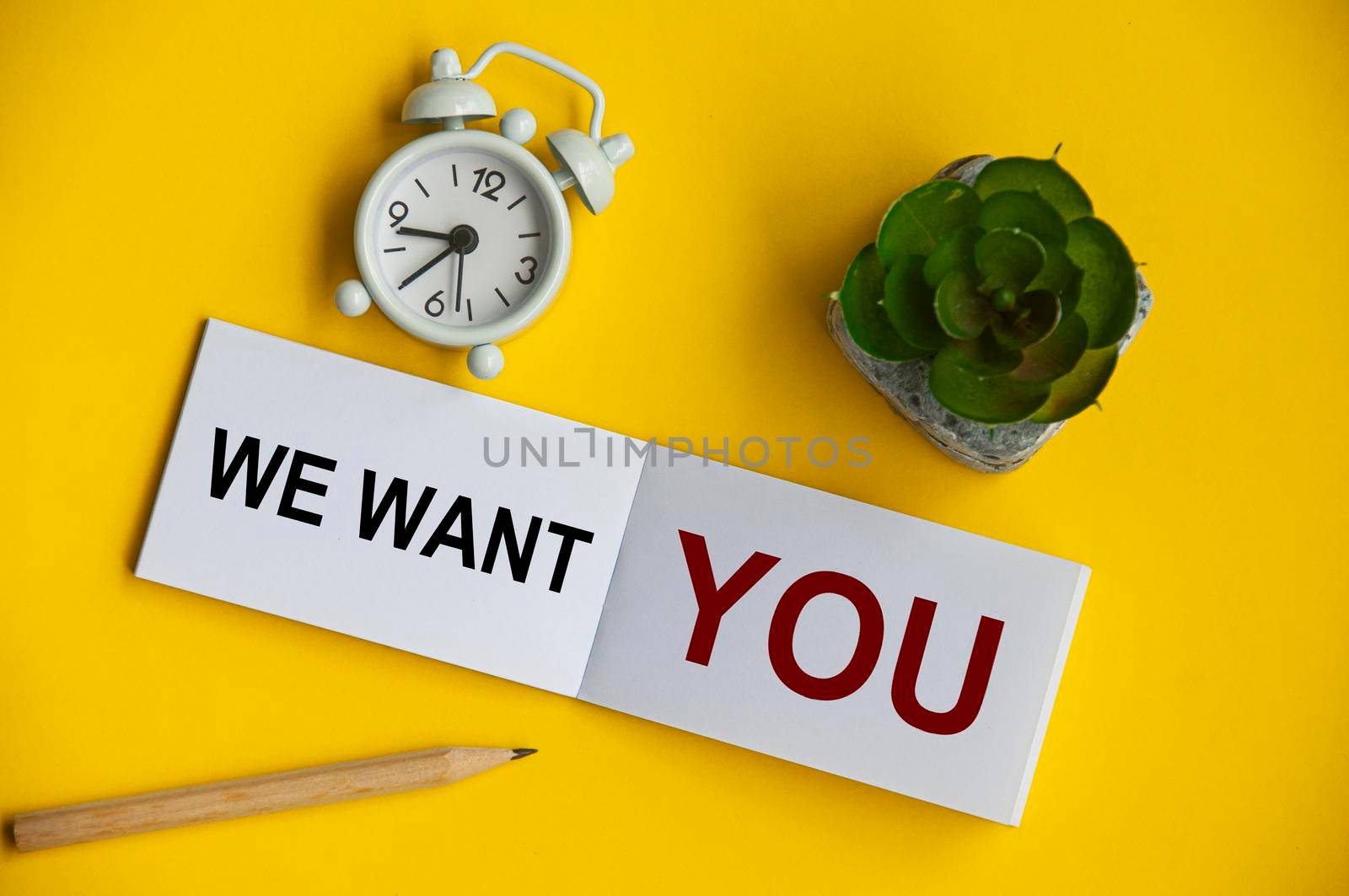 We want you text on notepad with alarm clock and plant background. Employment concept