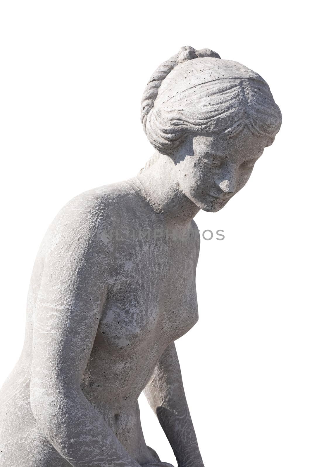 Stone sculpture of upper body of naked woman on white background. art and classical style romantic figurative stone sculpture.