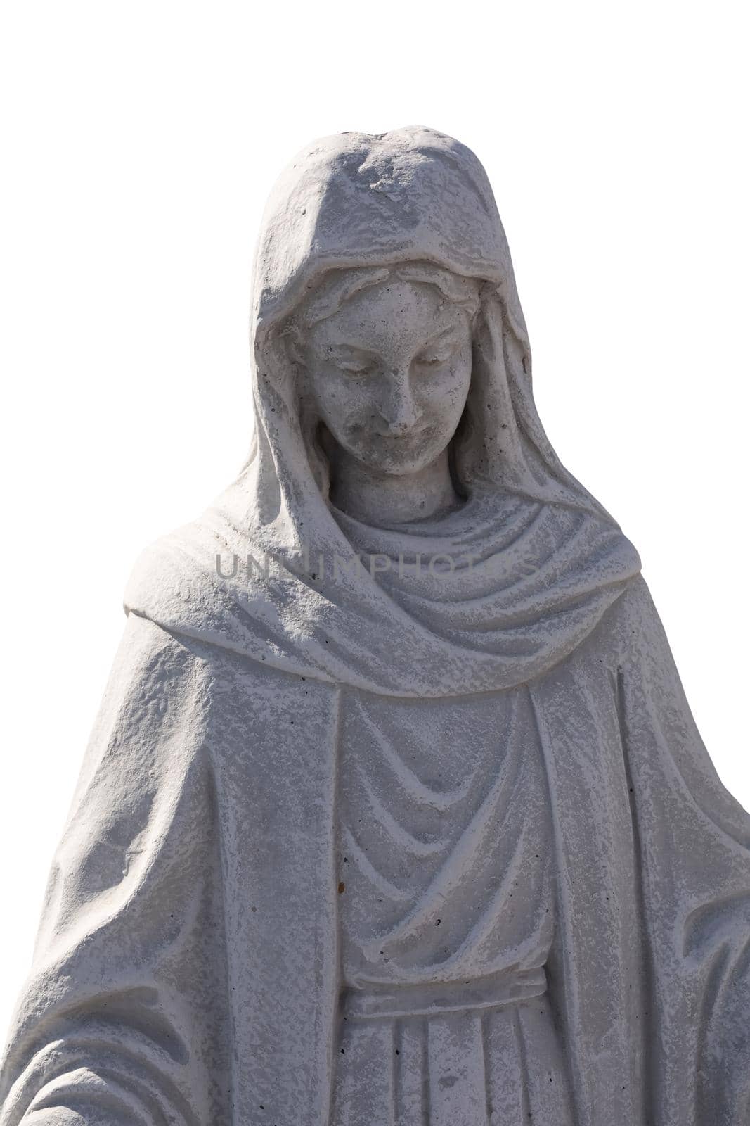 Close up of stone sculpture of virgin mary on white background. art and classical style romantic figurative stone sculpture.