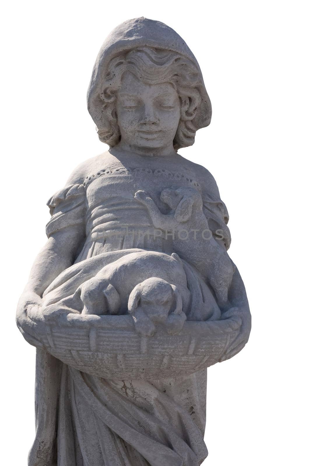 Close up of stone sculpture of girl holding puppies in basket on white background. art and classical style romantic figurative stone sculpture.