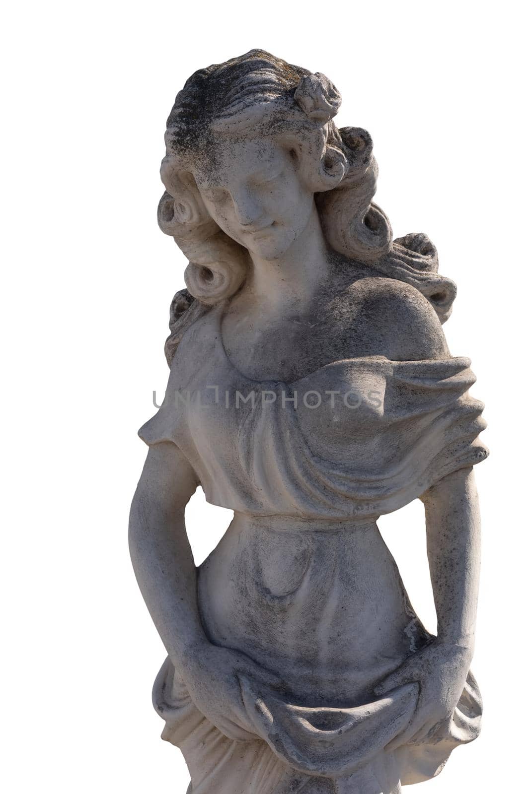 Stone sculpture of woman holding her dress on white background. art and classical style romantic figurative stone sculpture.