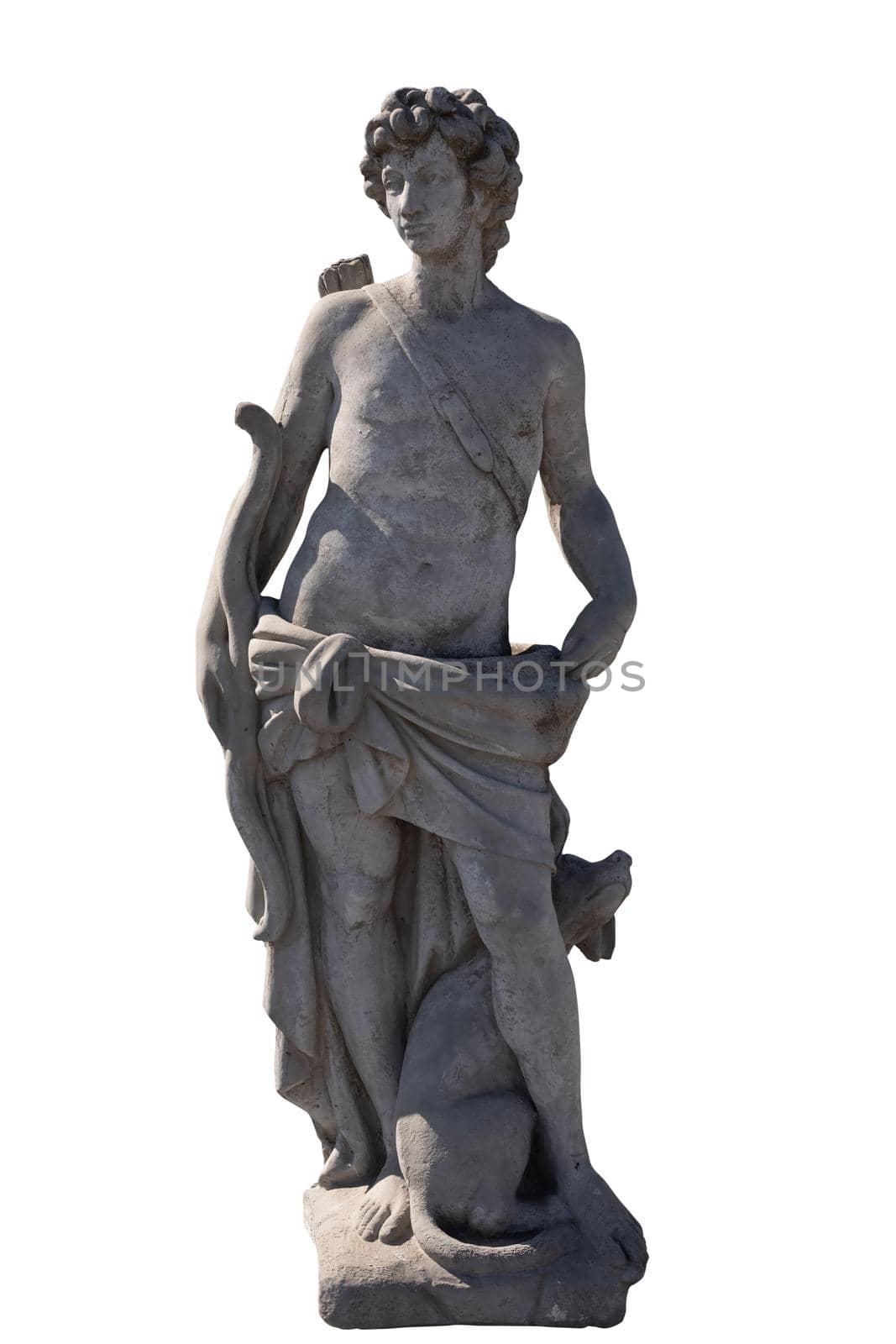 Stone sculpture of male hunter with dog on white background. art and classical style romantic figurative stone sculpture.