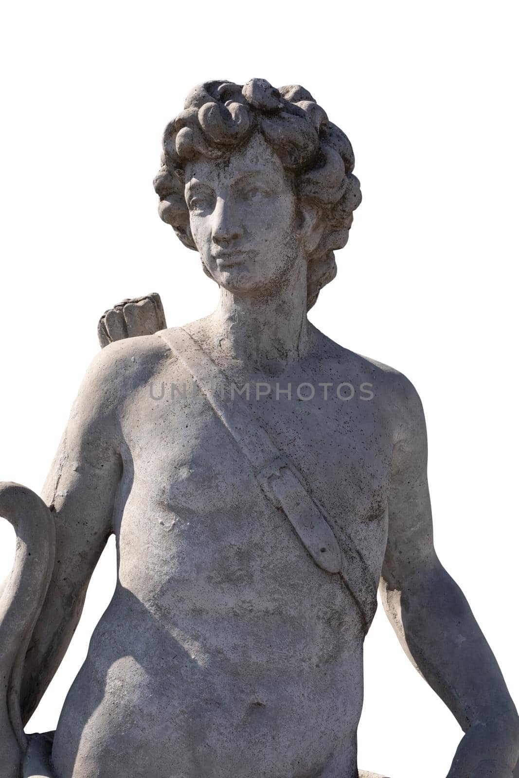 Stone sculpture of male hunter with archer's bag on white background. art and classical style romantic figurative stone sculpture.