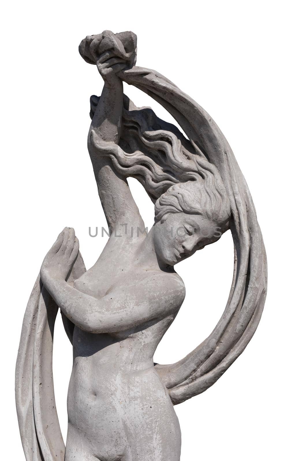 Stone sculpture of upper body of naked woman holding fabric on white background. art and classical style romantic figurative stone sculpture.