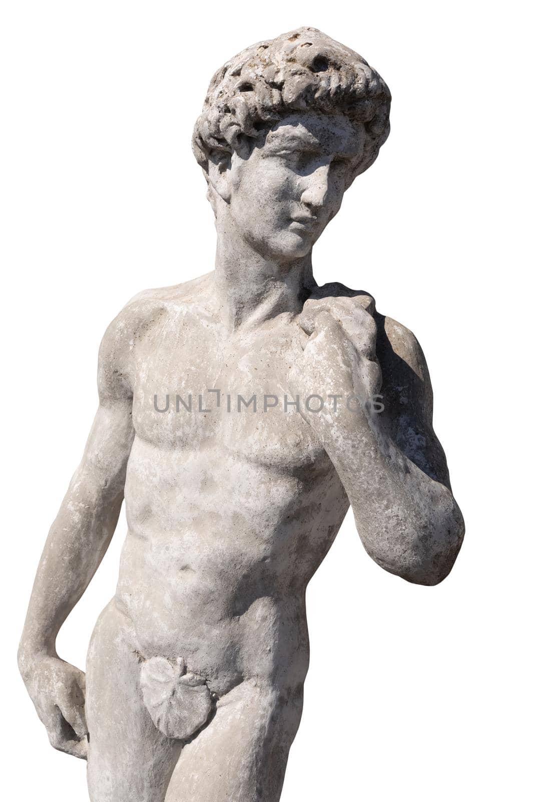 Ancient stone sculpture of naked man on white background. art and classical style romantic figurative stone sculpture.