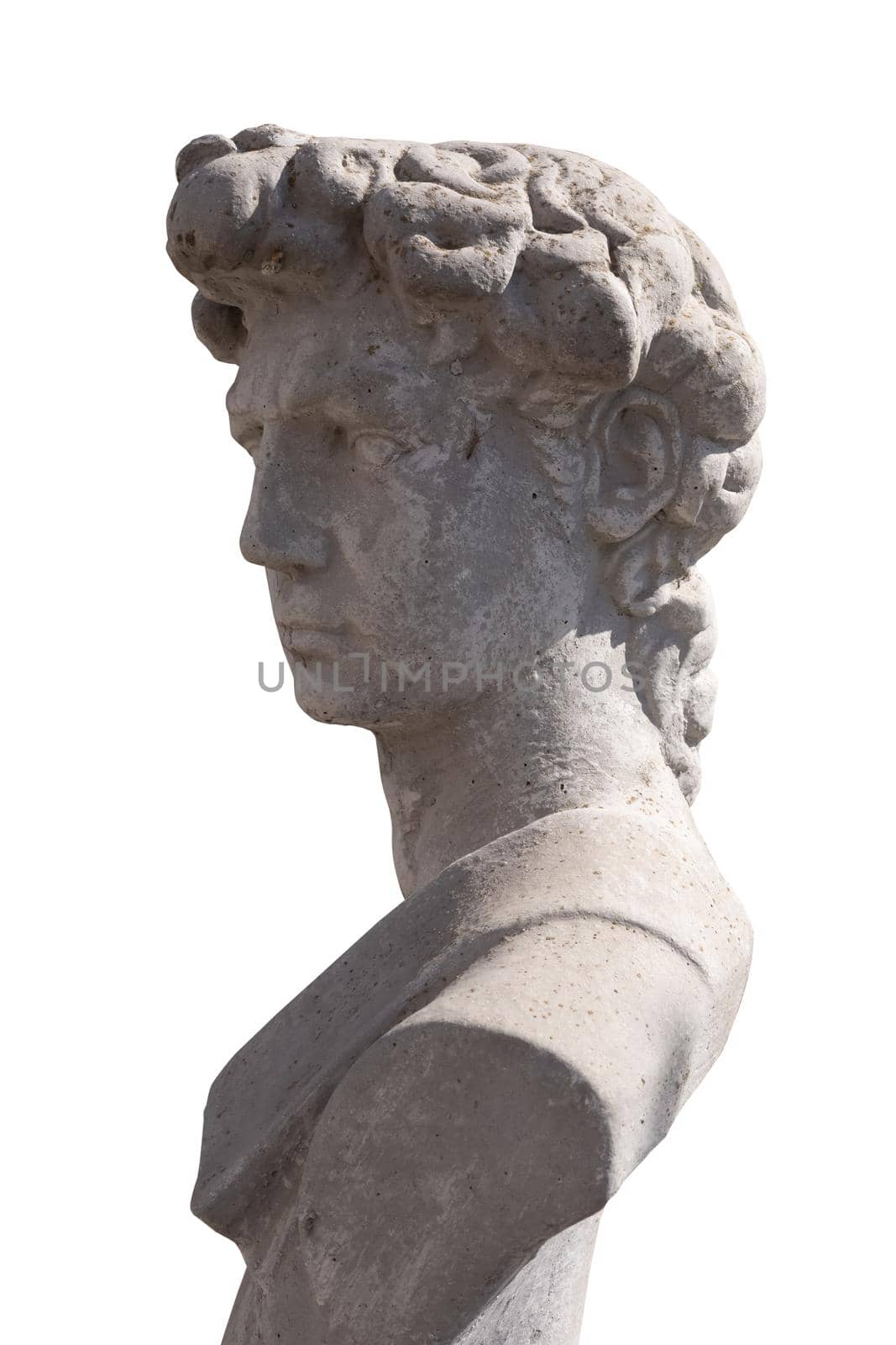 Close up side view of ancient stone sculpture of man's bust on white background. art and classical style romantic figurative stone sculpture.