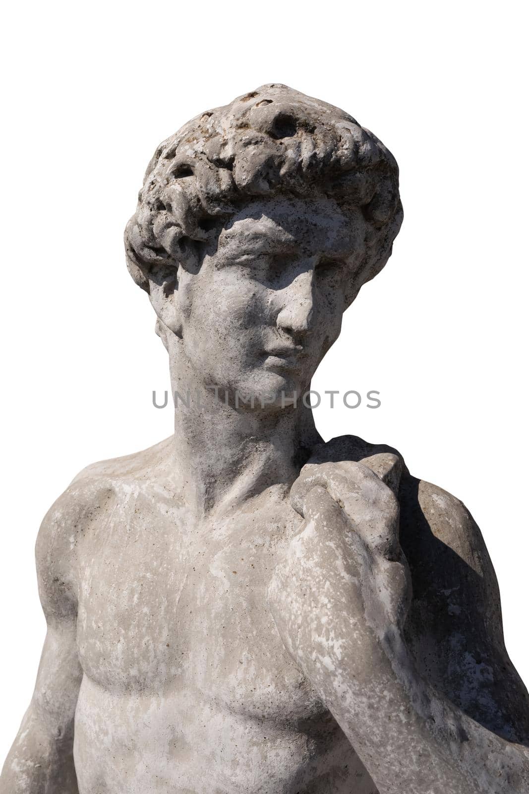 Close up of ancient stone sculpture of naked man on white background. art and classical style romantic figurative stone sculpture.