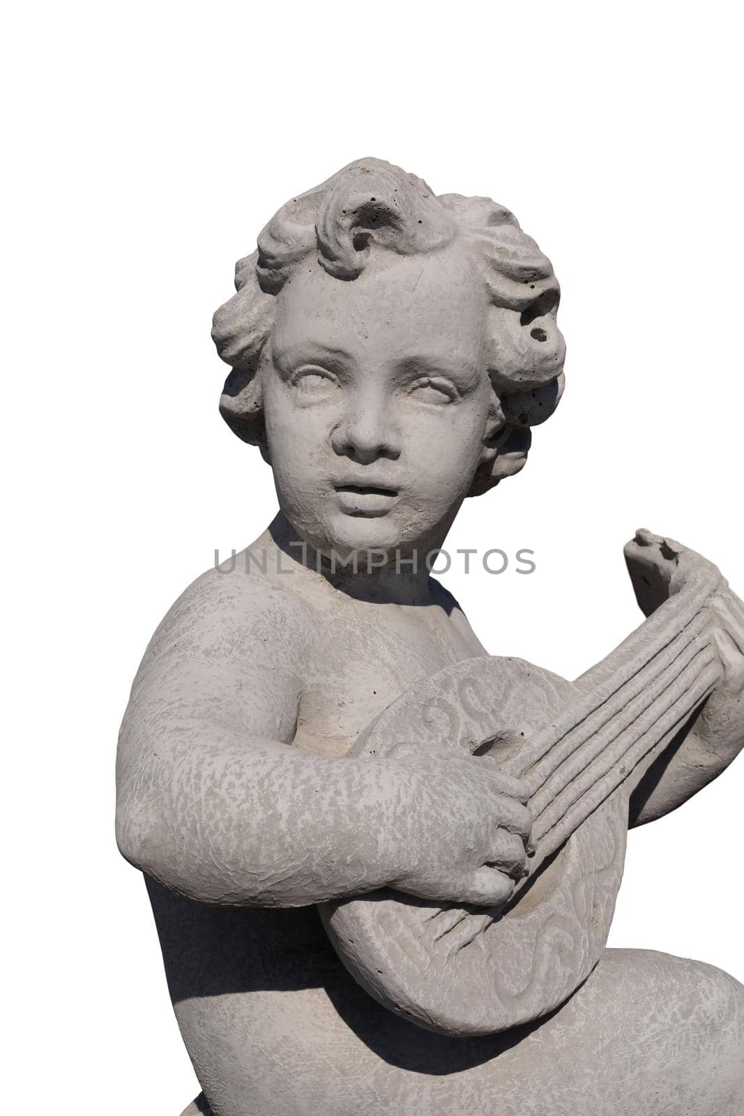 Close up of ancient stone sculpture of naked cherub playing lute on white background. art and classical style romantic figurative stone sculpture.