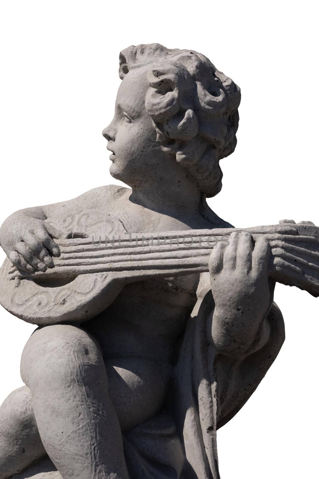 Side view of ancient stone sculpture of naked cherub playing lute on white background. art and classical style romantic figurative stone sculpture.