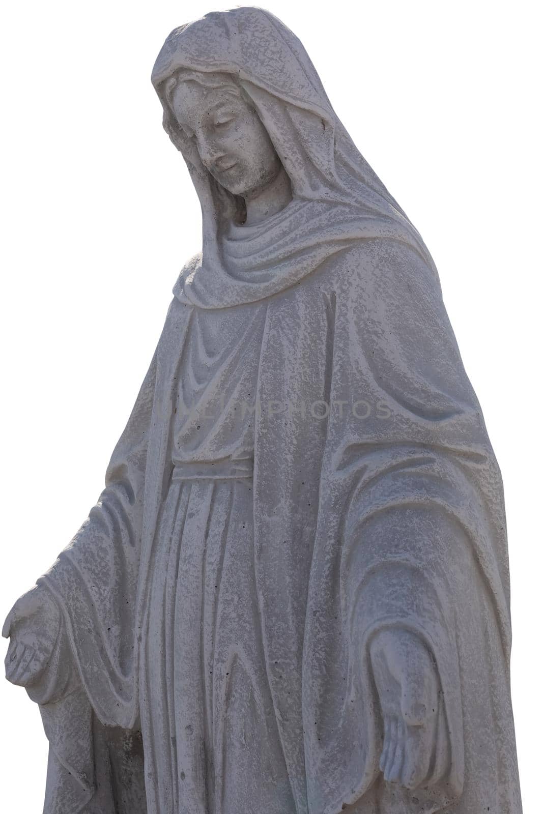 Close up of stone sculpture of virgin mary on white background by Wavebreakmedia