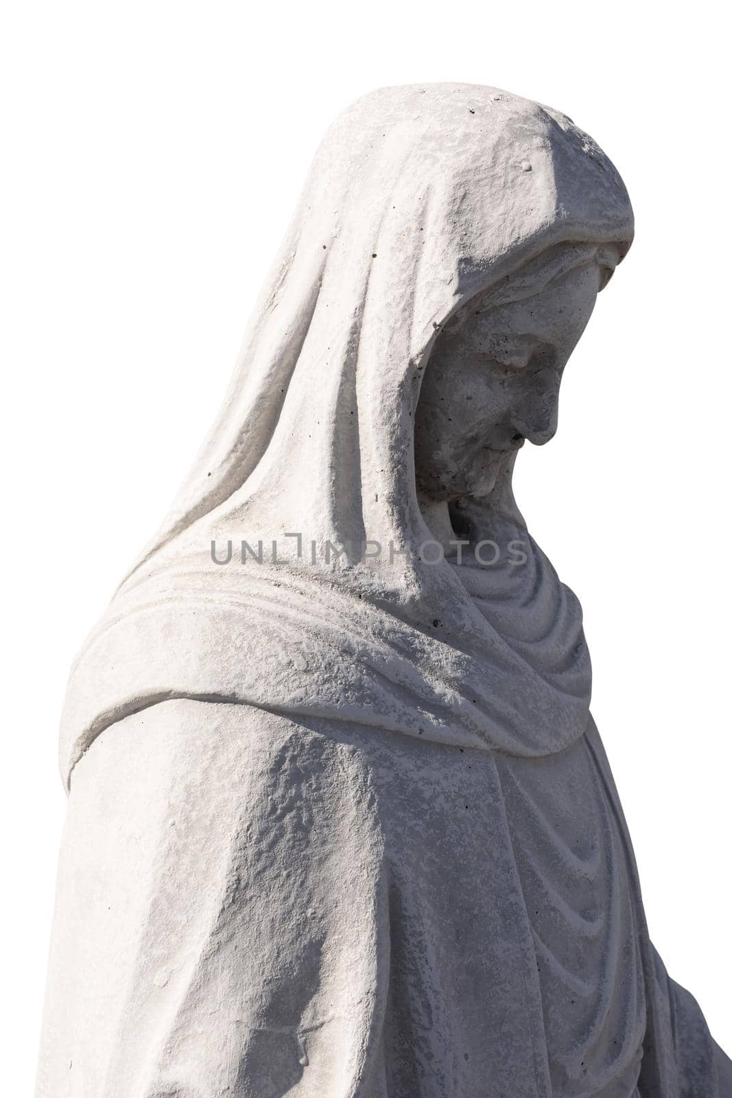 Close up side view of stone sculpture of virgin mary on white background. art and classical style romantic figurative stone sculpture.