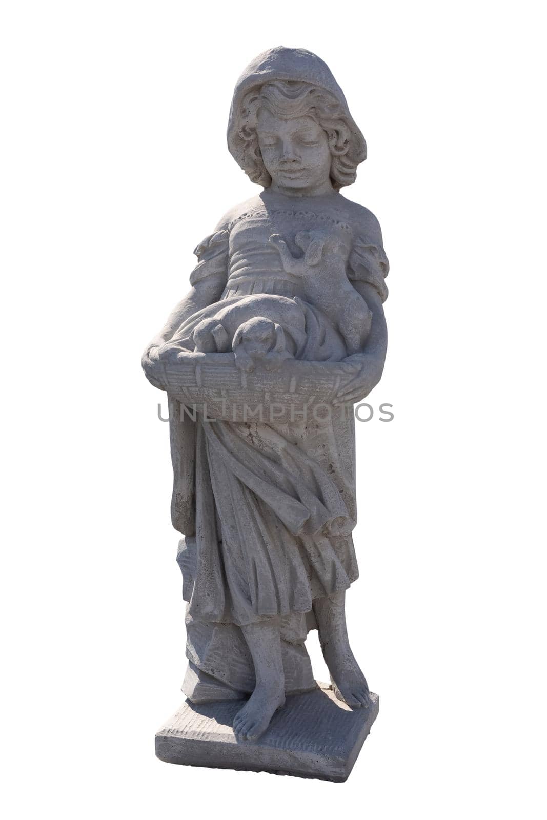 Stone sculpture of girl holding puppies in basket on white background. art and classical style romantic figurative stone sculpture.