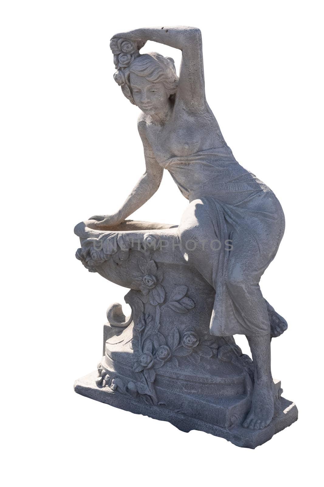 Stone sculpture of woman leaning on fountain on white background by Wavebreakmedia