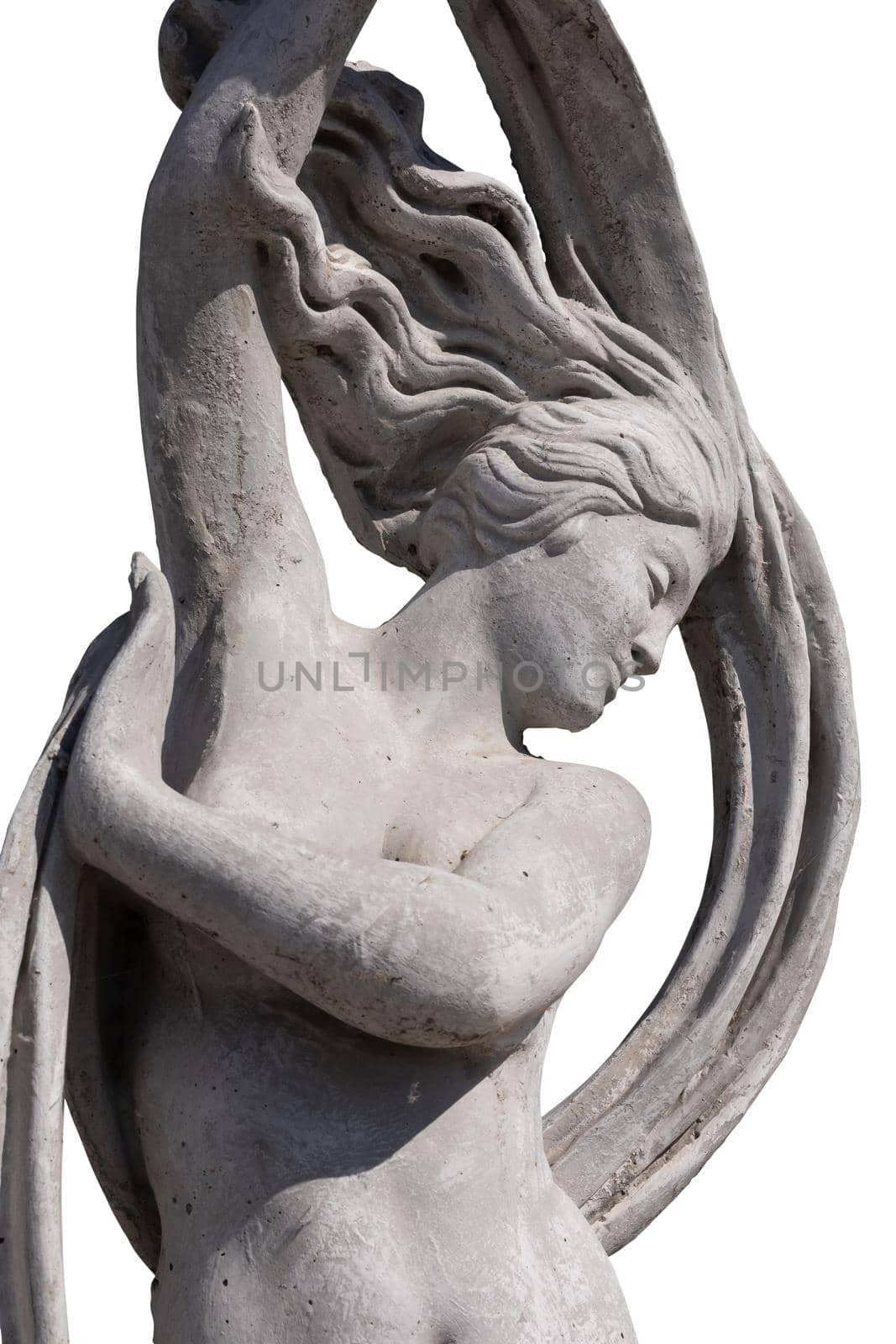 Close up of stone sculpture of naked woman holding fabric on white background. art and classical style romantic figurative stone sculpture.