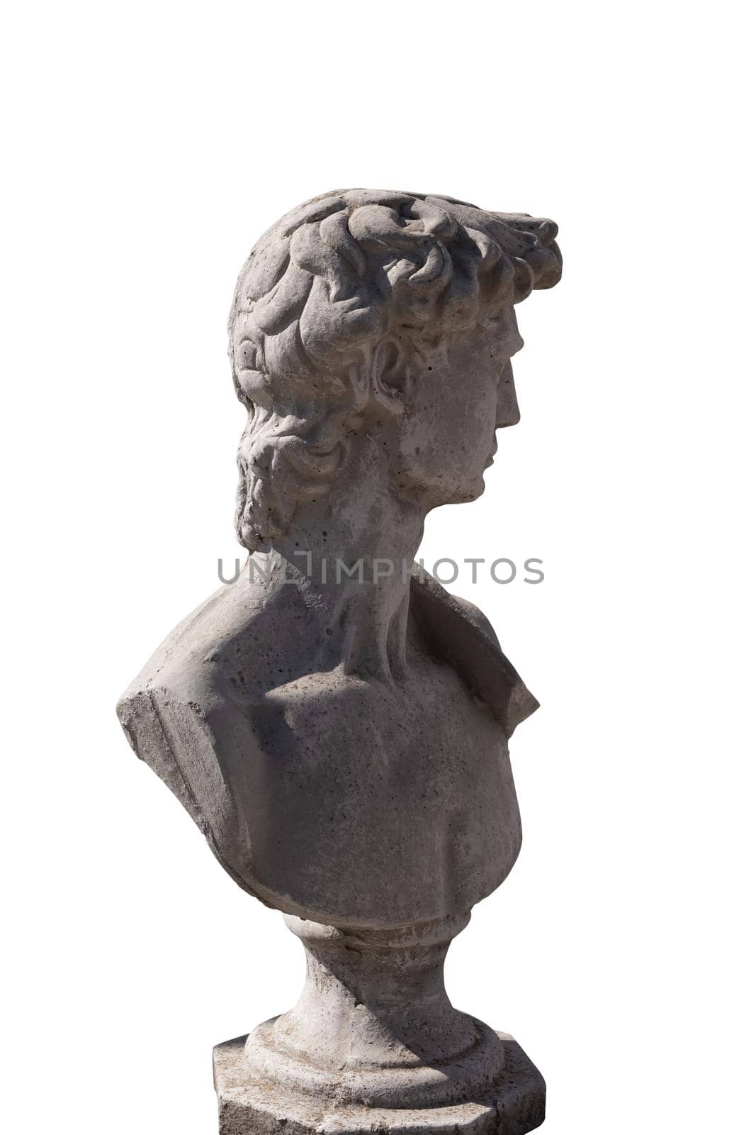 Side view of ancient stone sculpture of man's bust on white background. art and classical style romantic figurative stone sculpture.