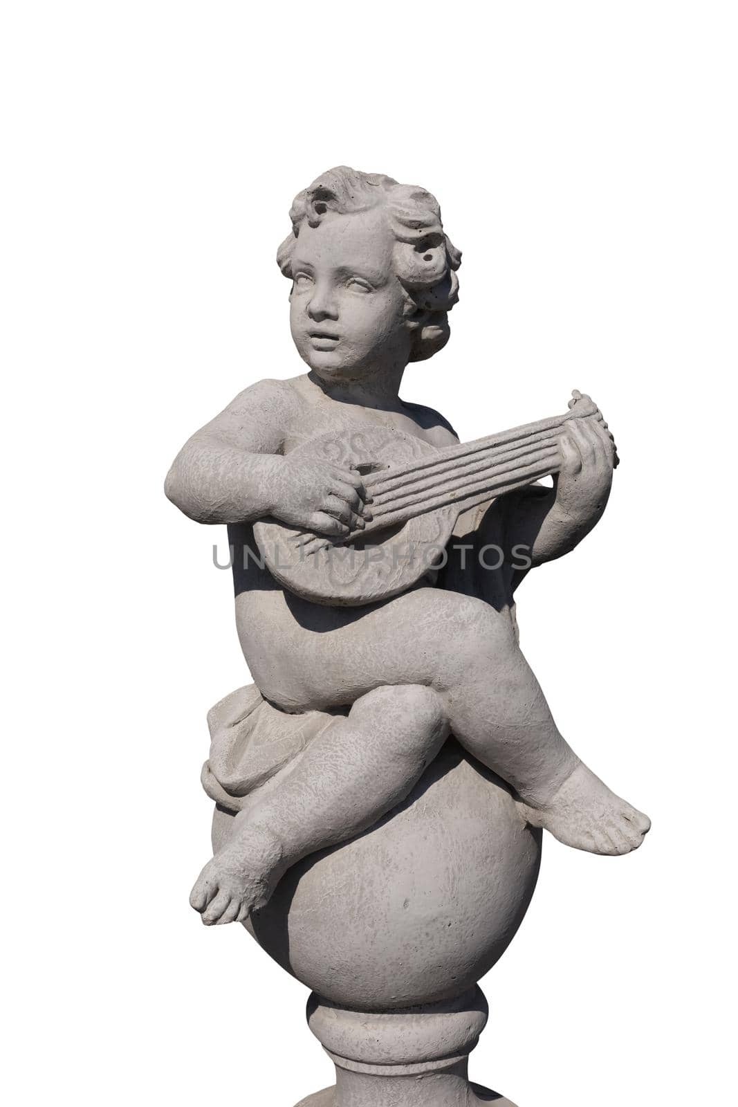 Ancient stone sculpture of naked cherub playing lute on white background by Wavebreakmedia