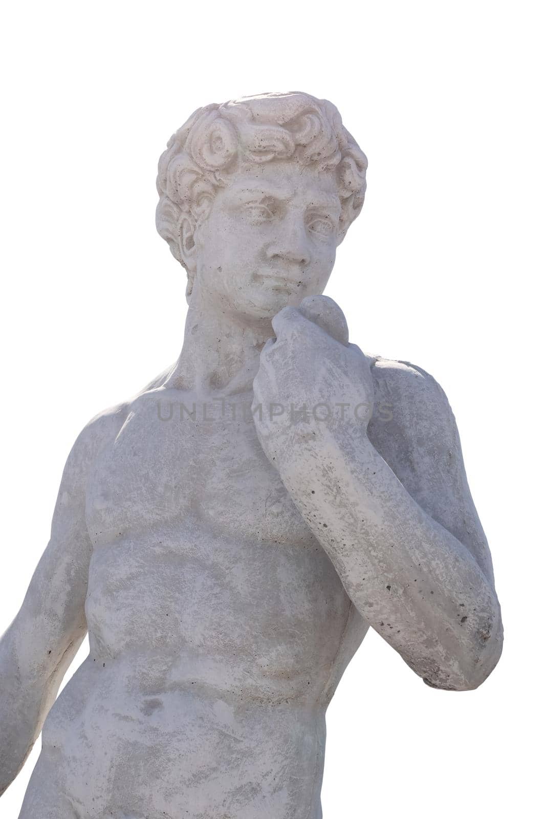 Ancient man's upper body stone sculpture on white background. art and classical style romantic figurative stone sculpture.