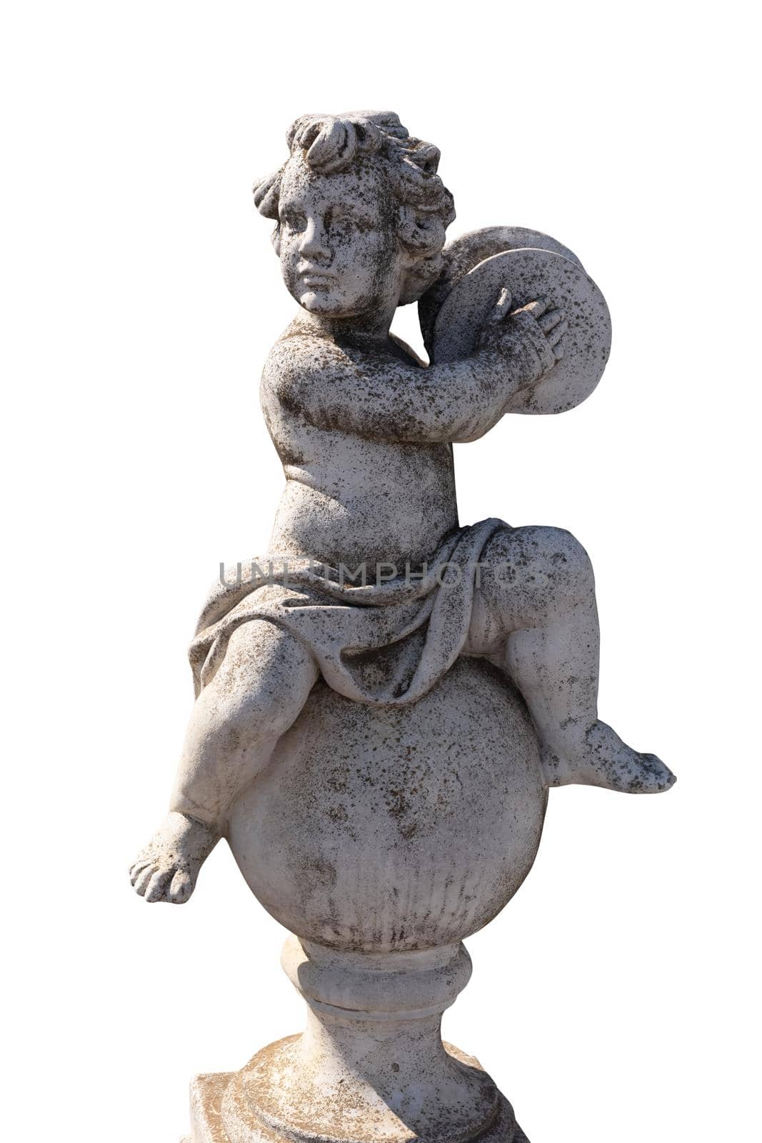 Ancient stone sculpture of naked cherub playing cymbals on white background. art and classical style romantic figurative stone sculpture.