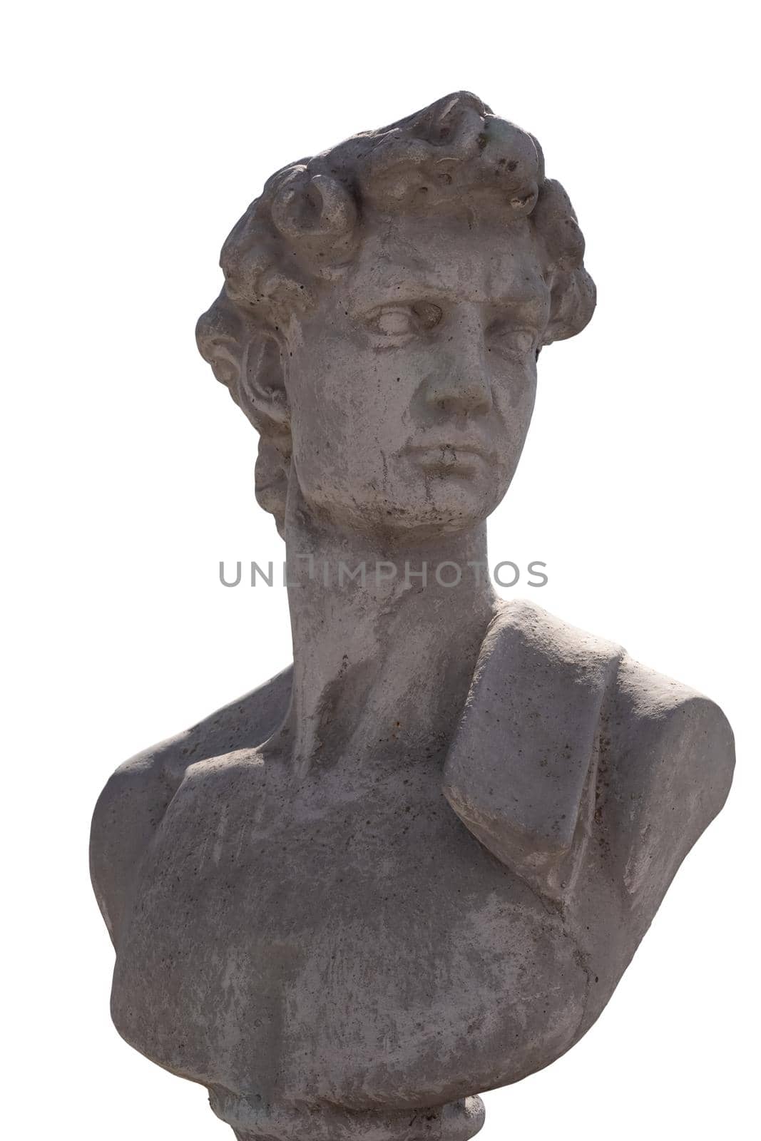 Close up of ancient stone sculpture of man's bust on white background. art and classical style romantic figurative stone sculpture.