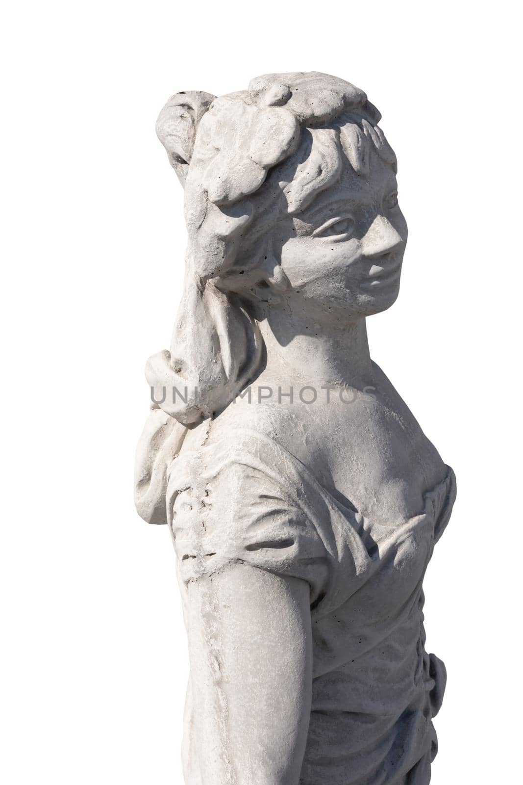 Close up of stone sculpture of woman on white background. art and classical style romantic figurative stone sculpture.