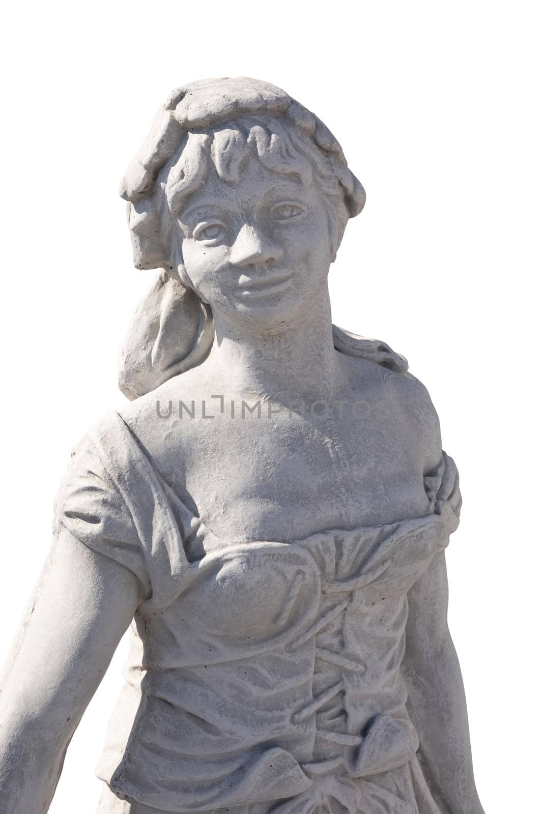 Close up of stone sculpture of woman on white background. art and classical style romantic figurative stone sculpture.