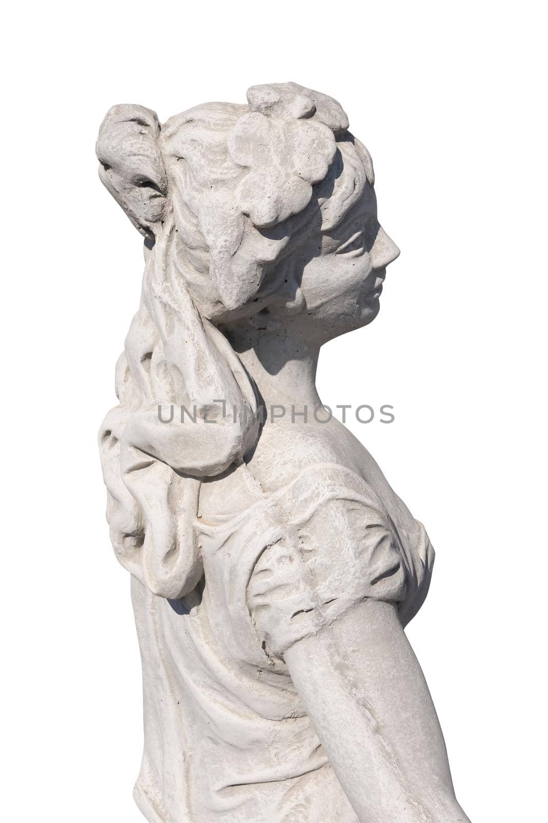 Close up side view of stone sculpture of woman on white background by Wavebreakmedia