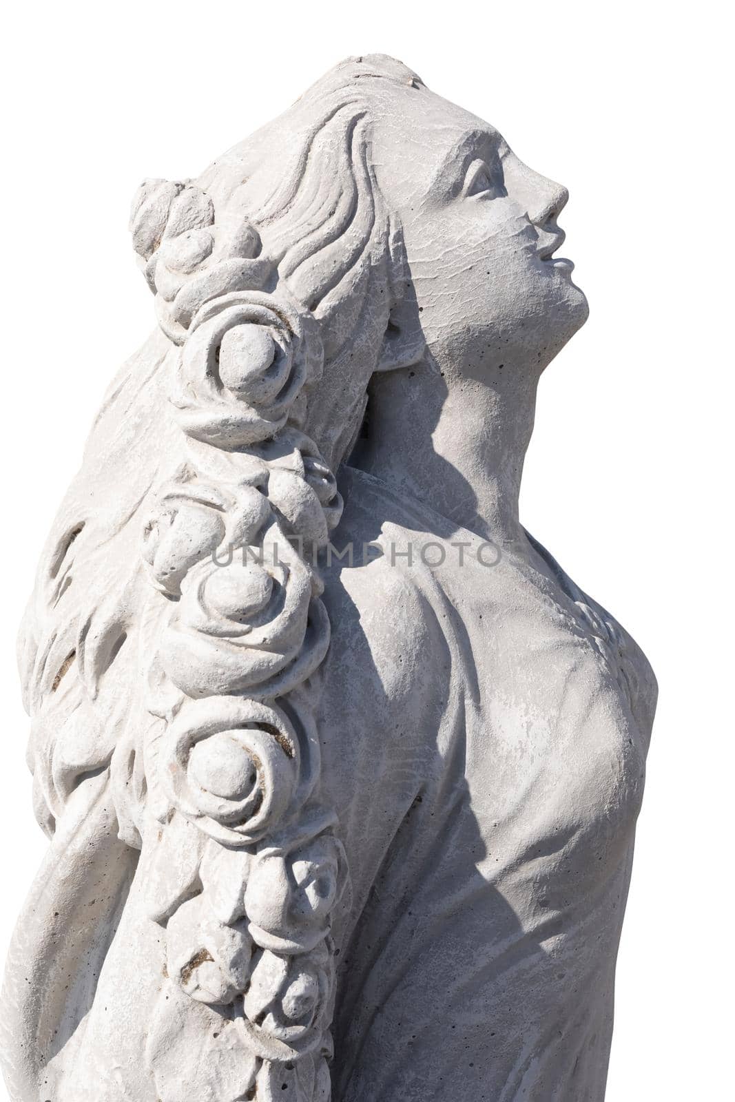 Side view of stone sculpture of woman looking up on white background. art and classical style romantic figurative stone sculpture.