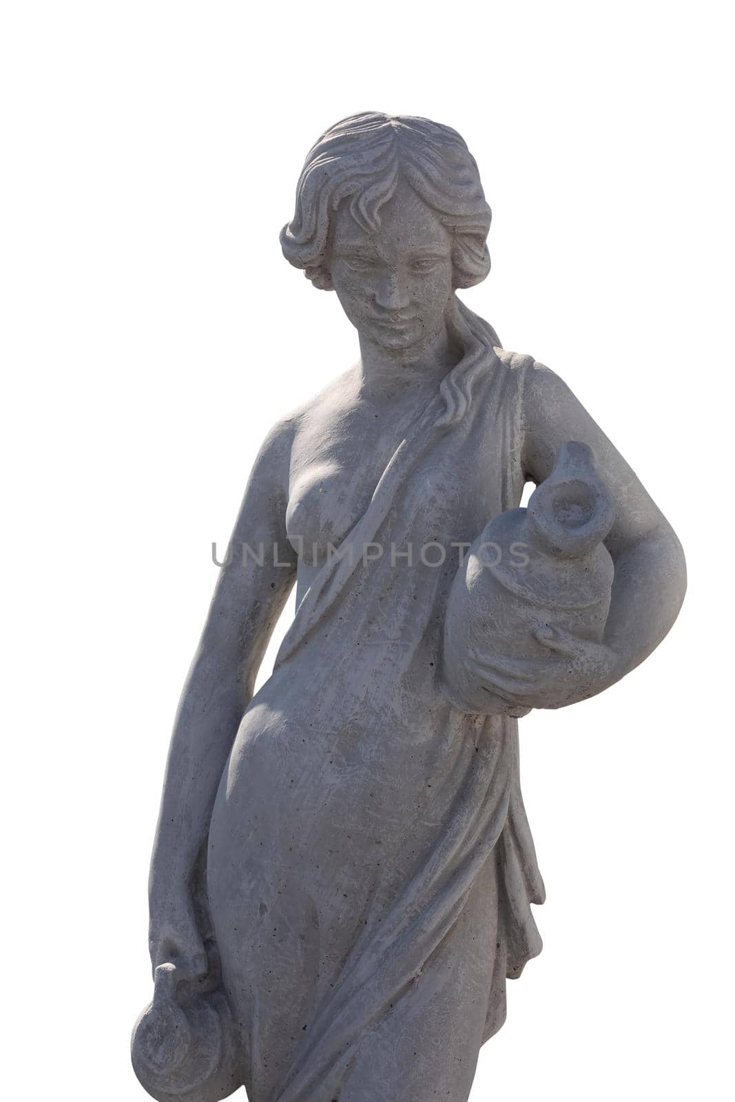 Stone sculpture of woman looking down holding vase on white background by Wavebreakmedia
