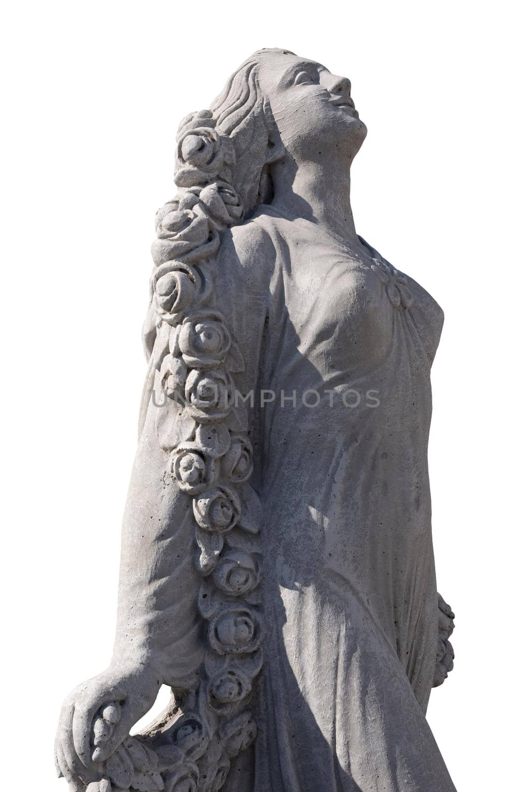 Side view of stone sculpture of woman looking up on white background. art and classical style romantic figurative stone sculpture.