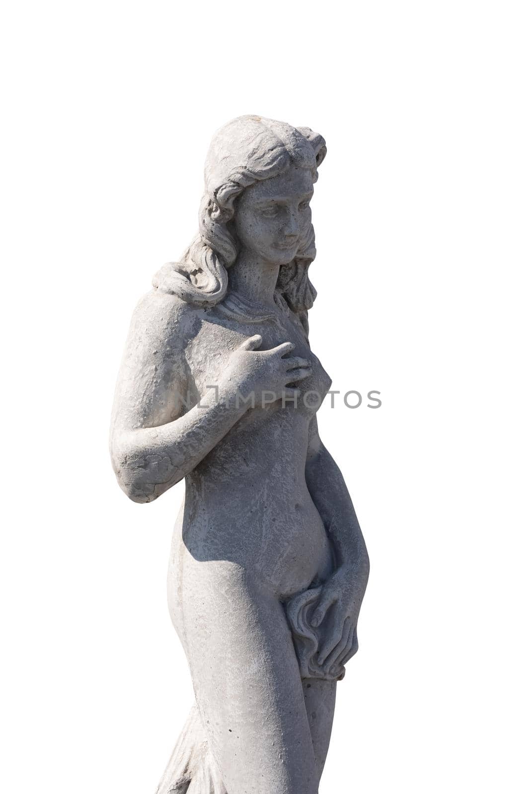 Stone sculpture of naked woman on white background. art and classical style romantic figurative stone sculpture.