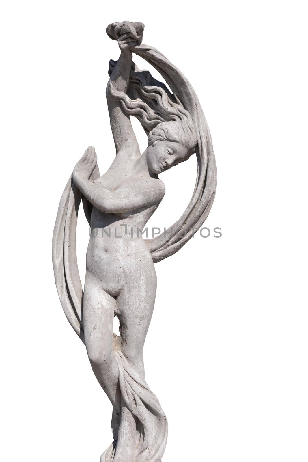 Stone sculpture of naked woman holding fabric on white background. art and classical style romantic figurative stone sculpture.
