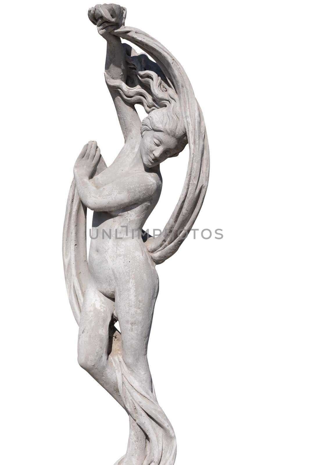 Stone sculpture of naked woman holding fabric on white background. art and classical style romantic figurative stone sculpture.