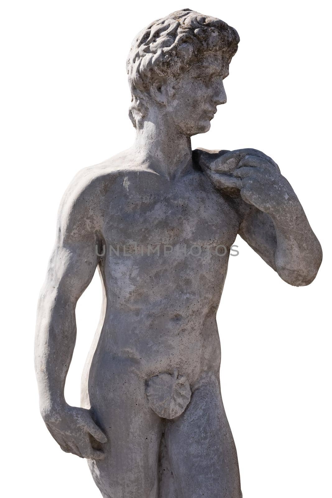 Stone sculpture of naked man on white background. art and classical style romantic figurative stone sculpture.