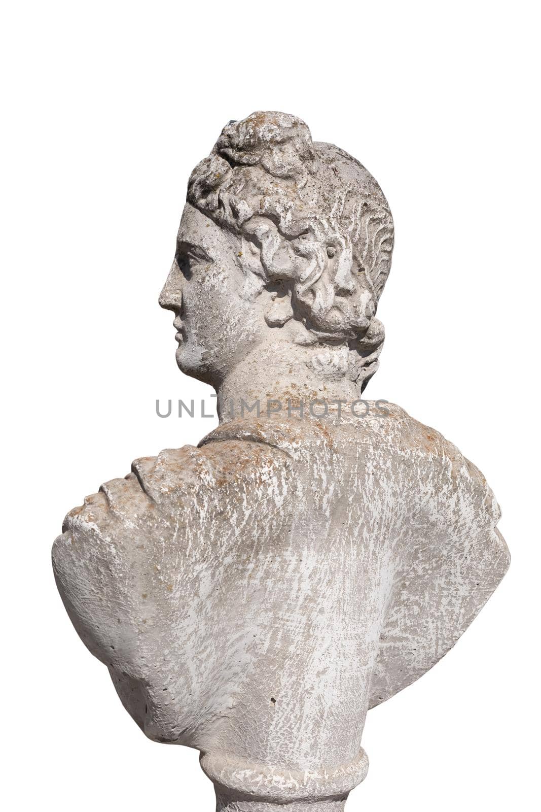 Side view of ancient stone sculpture of man's bust on white background. art and classical style romantic figurative stone sculpture.