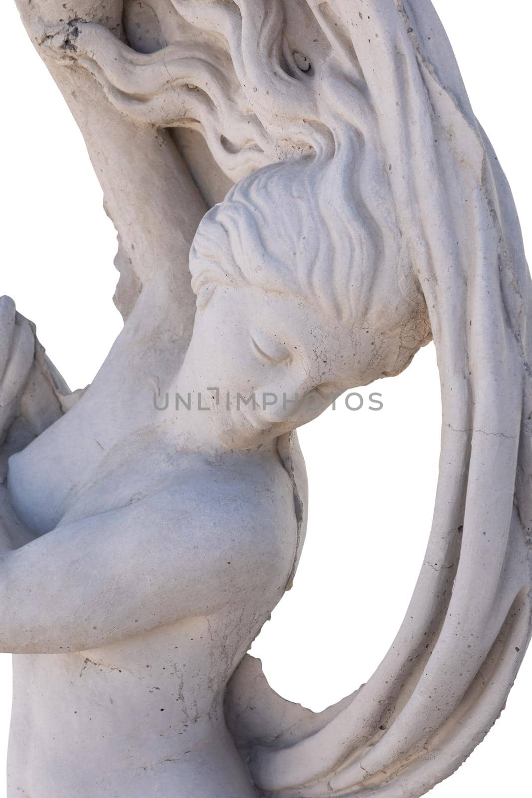 Ancient stone sculpture of naked woman holding fabric on white background by Wavebreakmedia