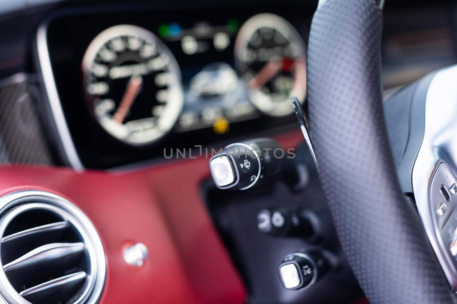 Modern car interior details. black car elements.