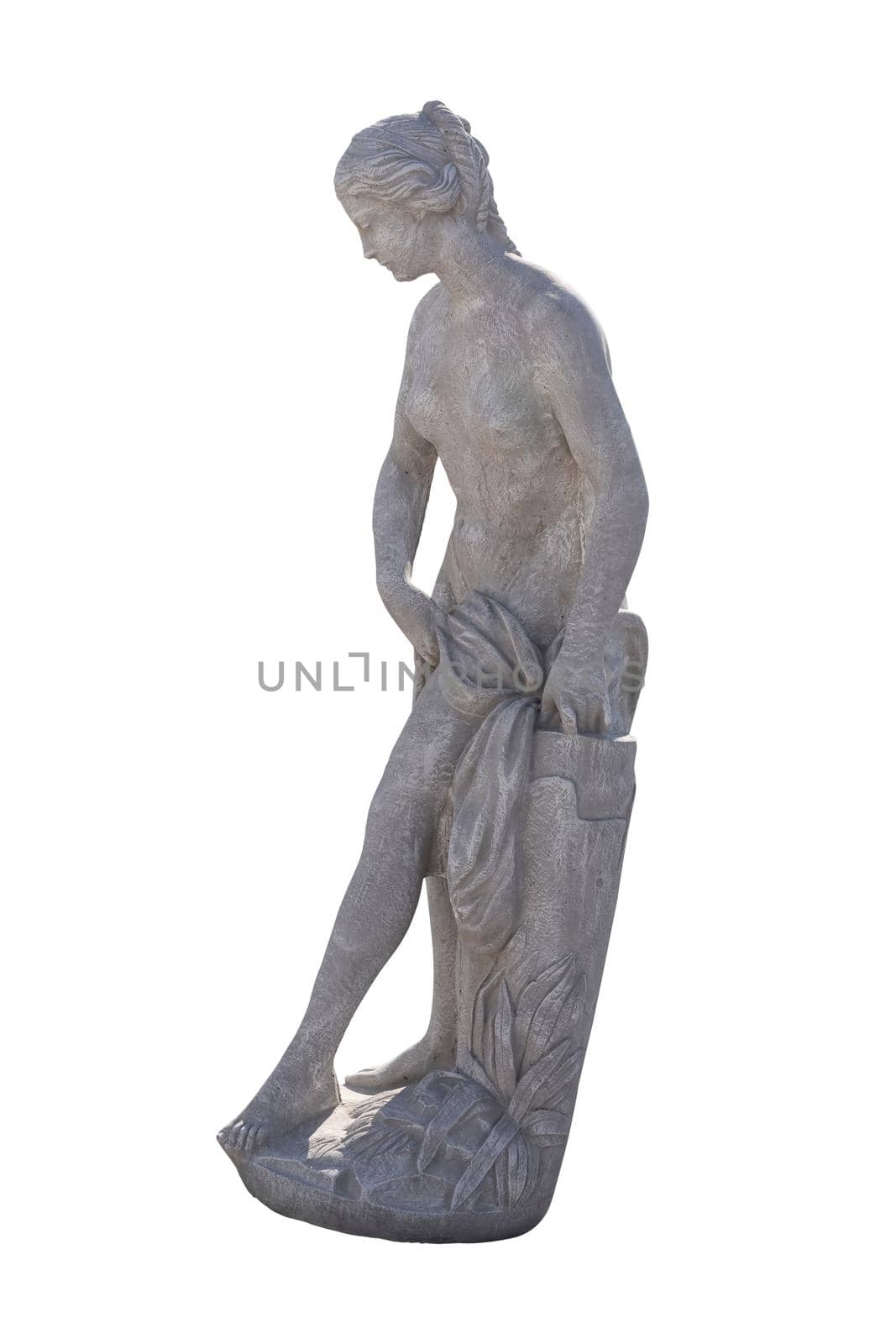 Side view of stone sculpture of naked woman on white background. art and classical style romantic figurative stone sculpture.