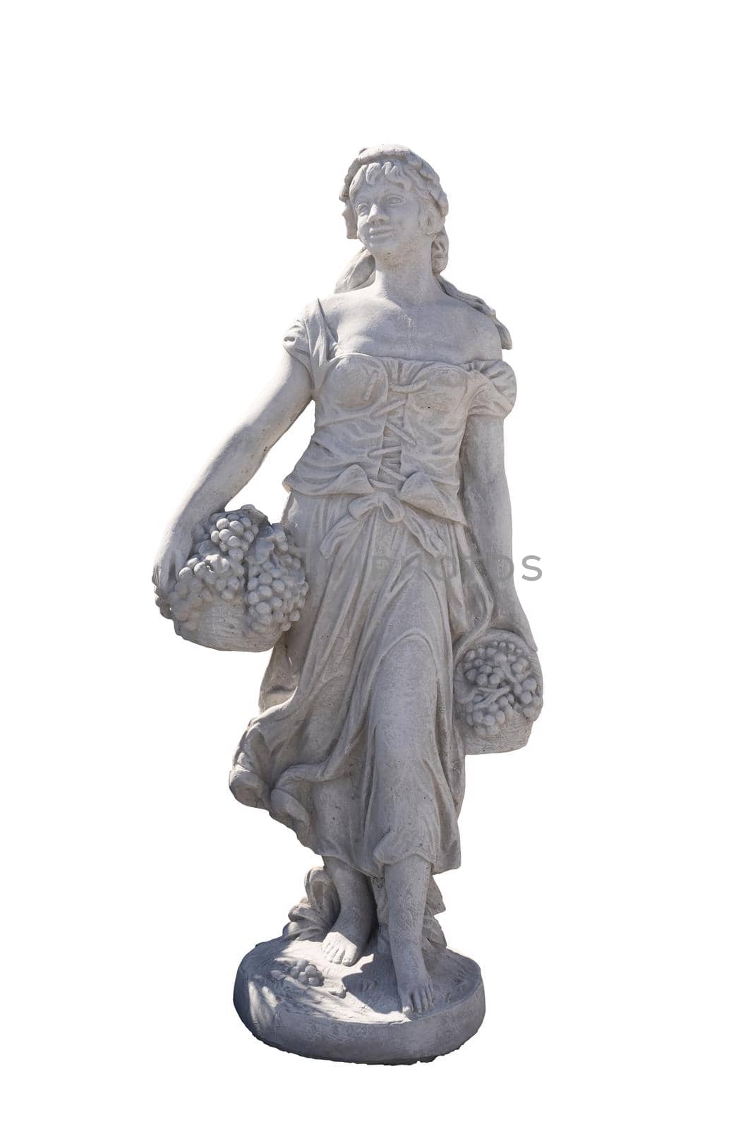 Stone sculpture of woman holding baskets with grapes on white background. art and classical style romantic figurative stone sculpture.