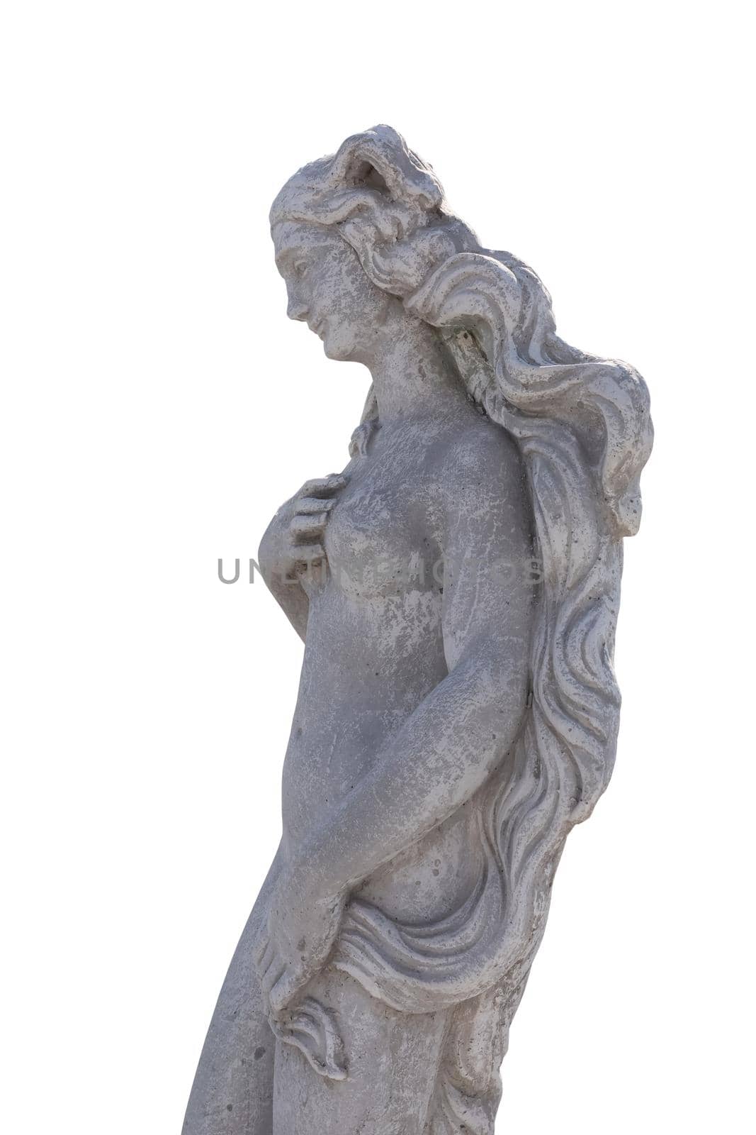 Side view of stone sculpture of naked woman on white background. art and classical style romantic figurative stone sculpture.