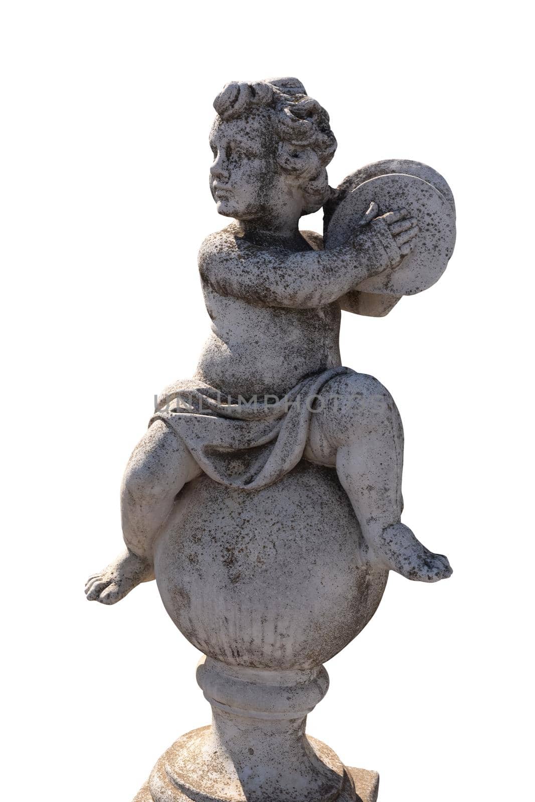 Ancient stone sculpture of naked cherub playing cymbals on white background. art and classical style romantic figurative stone sculpture.