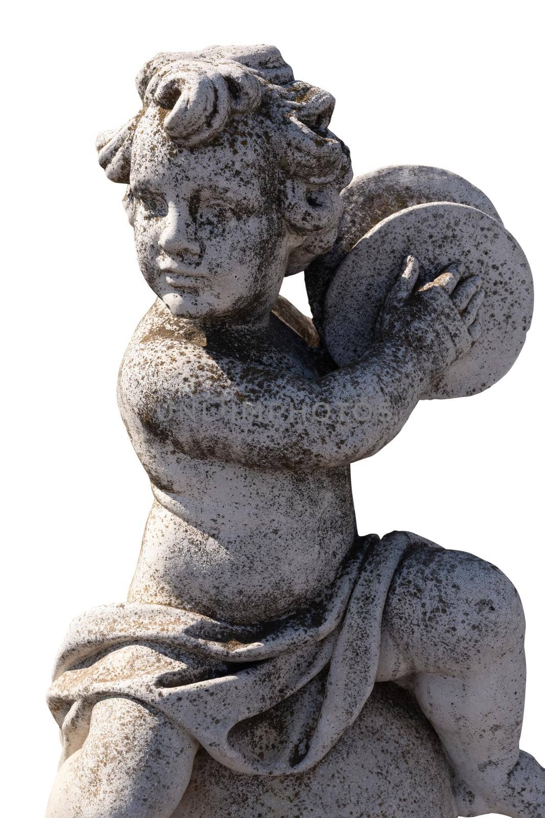 Close up of ancient stone sculpture of naked cherub playing cymbals on white background by Wavebreakmedia