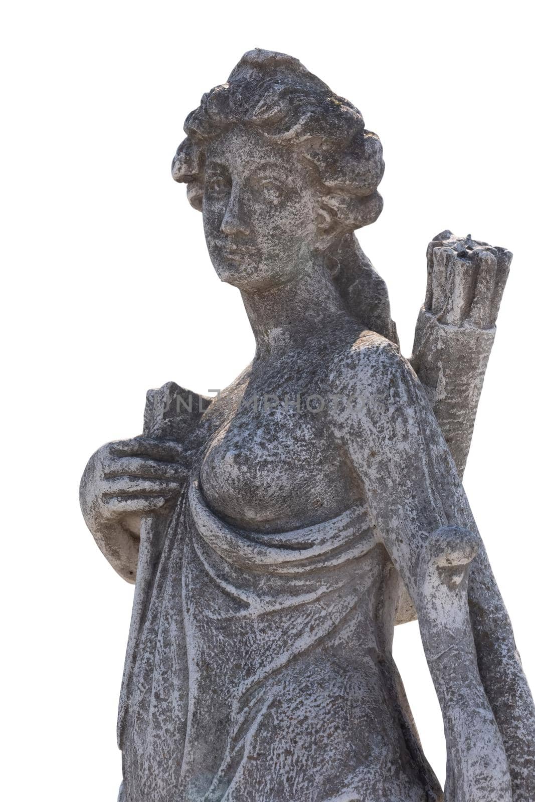 Stone sculpture of female hunter with archer's bag on white background by Wavebreakmedia
