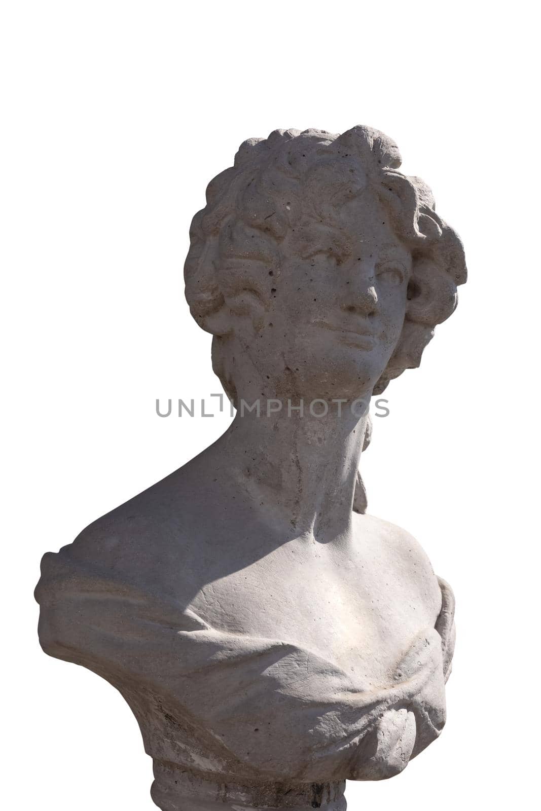 Close up of stone sculpture of woman's bust on white background. art and classical style romantic figurative stone sculpture.