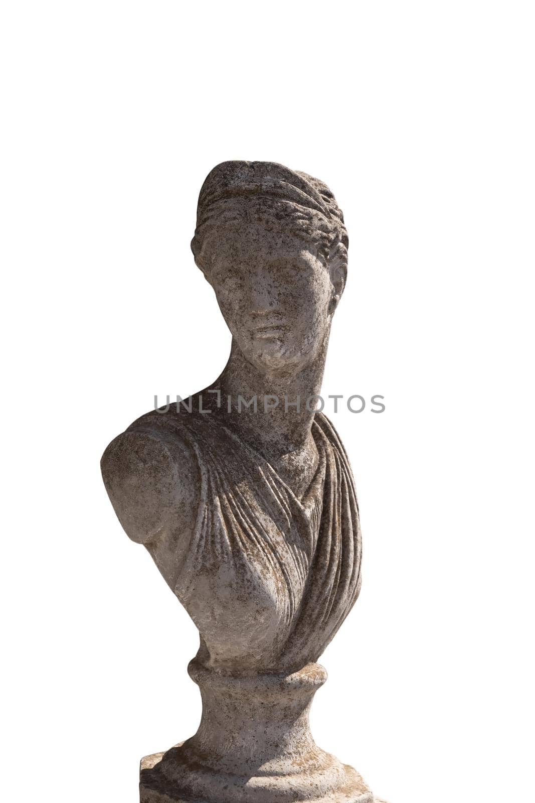 Close up of ancient stone sculpture of woman's bust on white background. art and classical style romantic figurative stone sculpture.