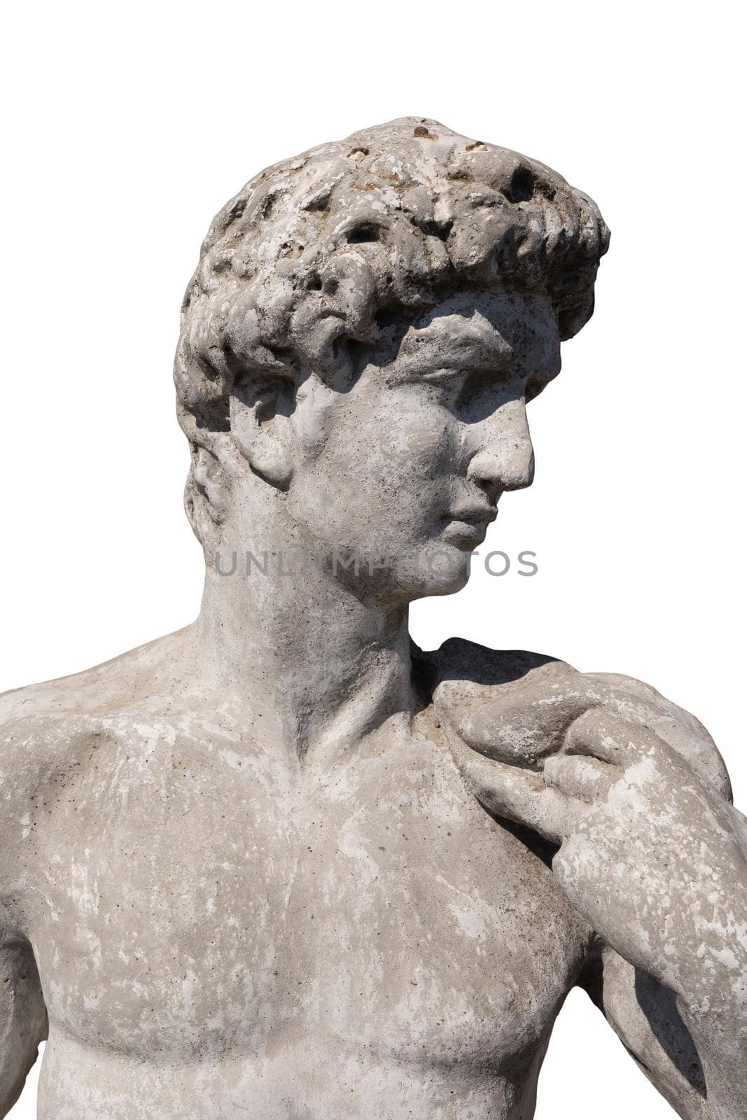 Close up side view of ancient stone sculpture of naked man on white background. art and classical style romantic figurative stone sculpture.
