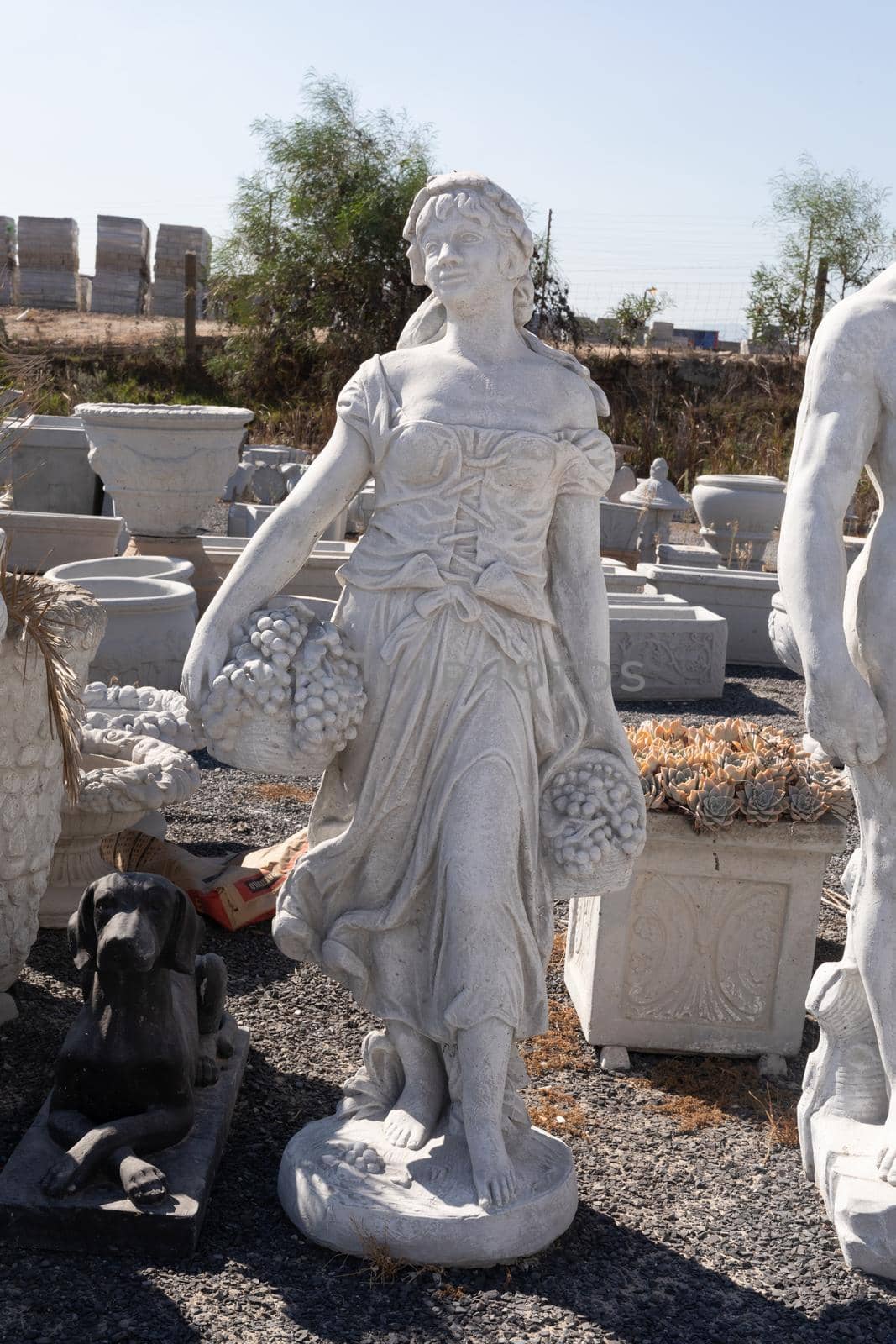 Ancient stone sculpture of woman holding basket with grapes in reclamation yard. art and classical style romantic figurative stone sculpture.